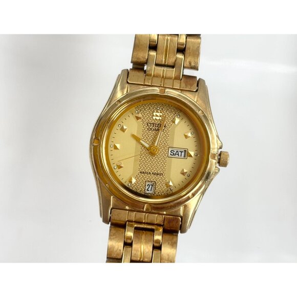Citizen Quartz Movement + Day/Weekday Gold T Vintage Watch - 17mm - WORKS! - Picture 1 of 10